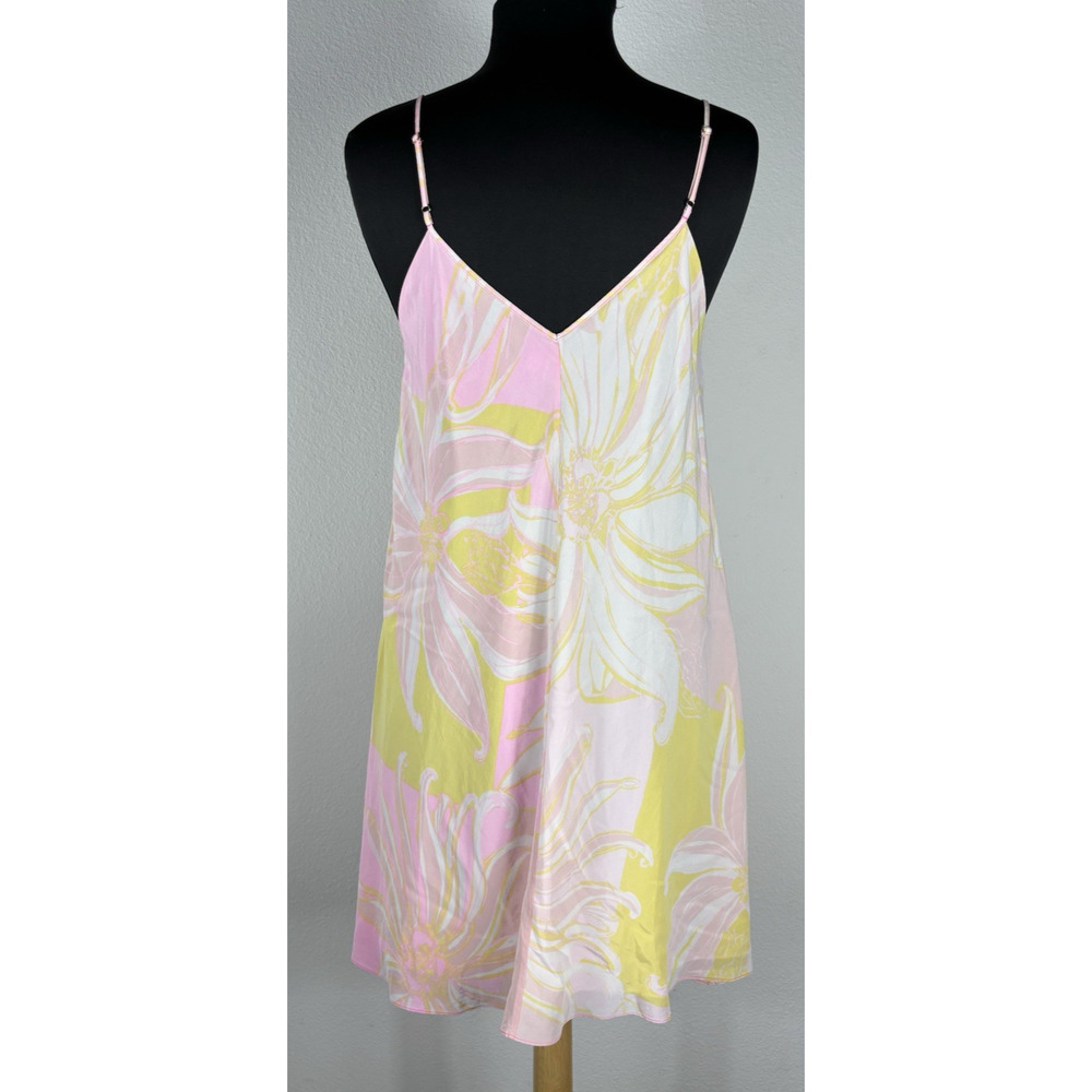 Lilly Pulitzer Clara Dress L 100% Silk Pink Yellow Floral Handkerchief Hem Slip